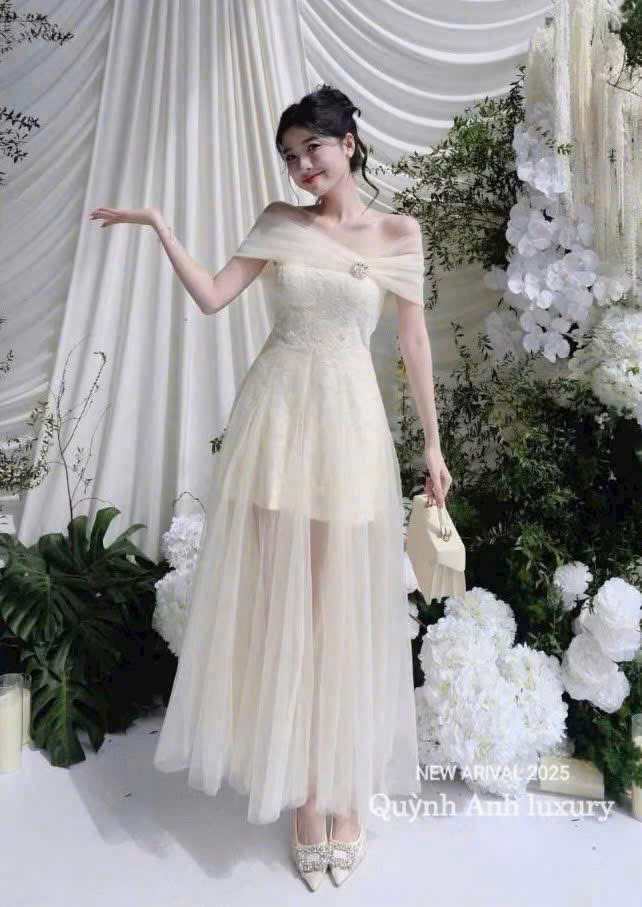 Đầm Dự Tiệc Trễ Vai Voan Xếp Tầng Phối Chân Váy Xuyên Thấu