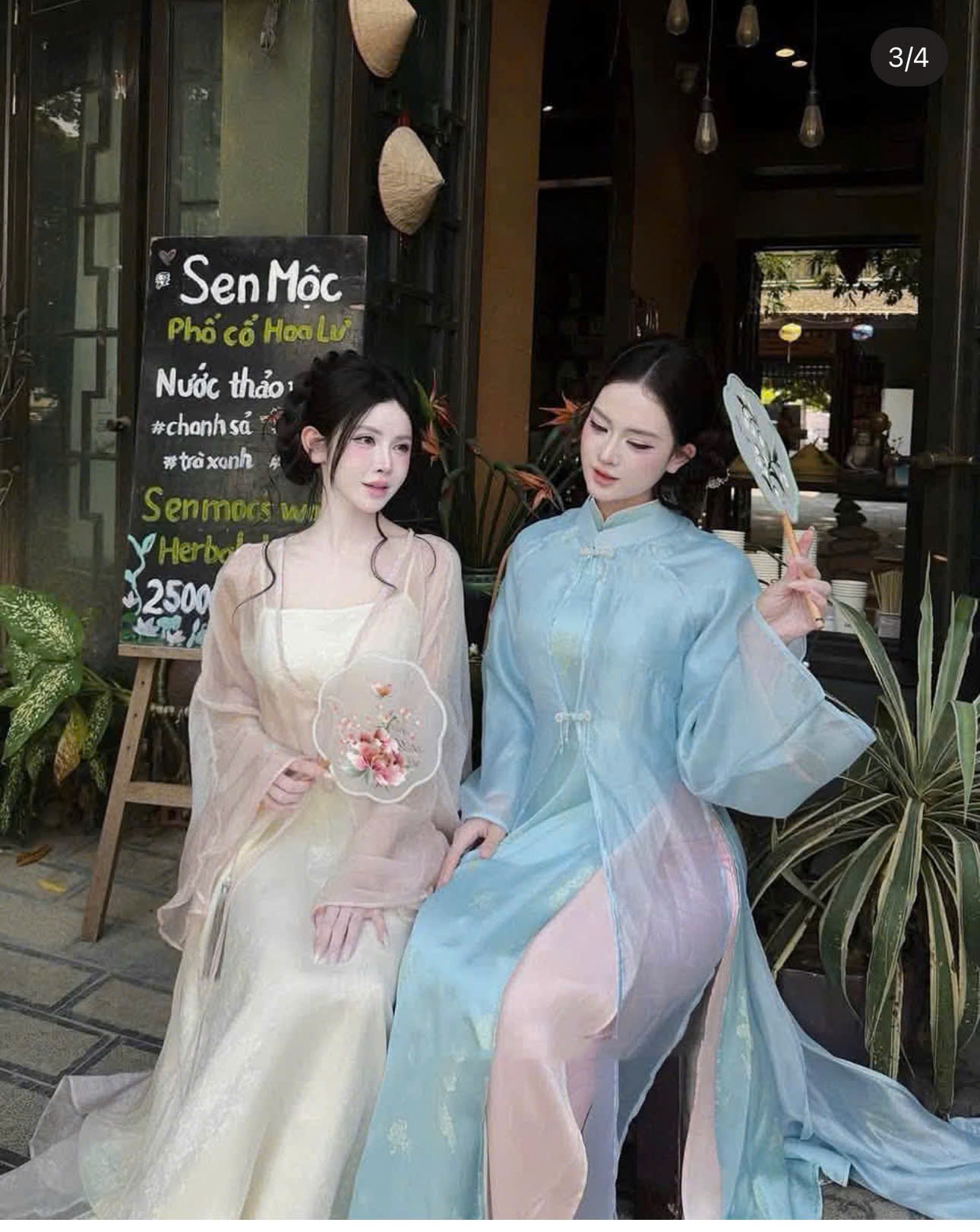 Áo Dài Voan Xanh Thiên Thanh Cổ Tàu Tay Loe