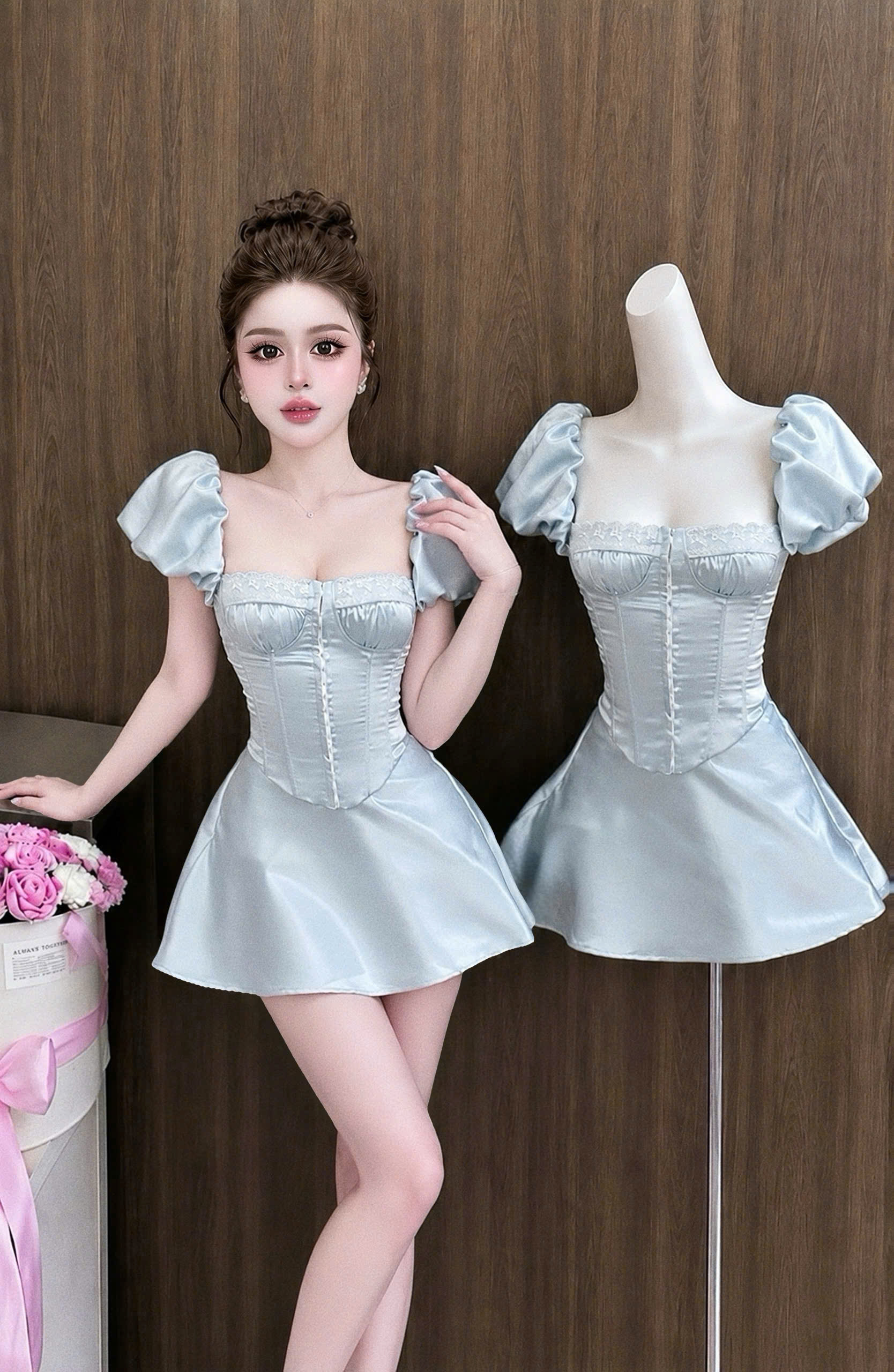 Set Corset Cúp Ngực Tay Phồng Phối Chân Váy Xòe Ngắn