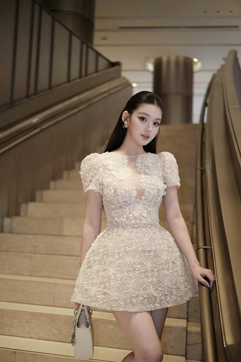 Ảnh Đầm Dự Tiệc Ren Hoa Kem Ngà Tay Phồng Cổ Phối Lưới Xuyên Thấu Dáng Xòe Ngắn