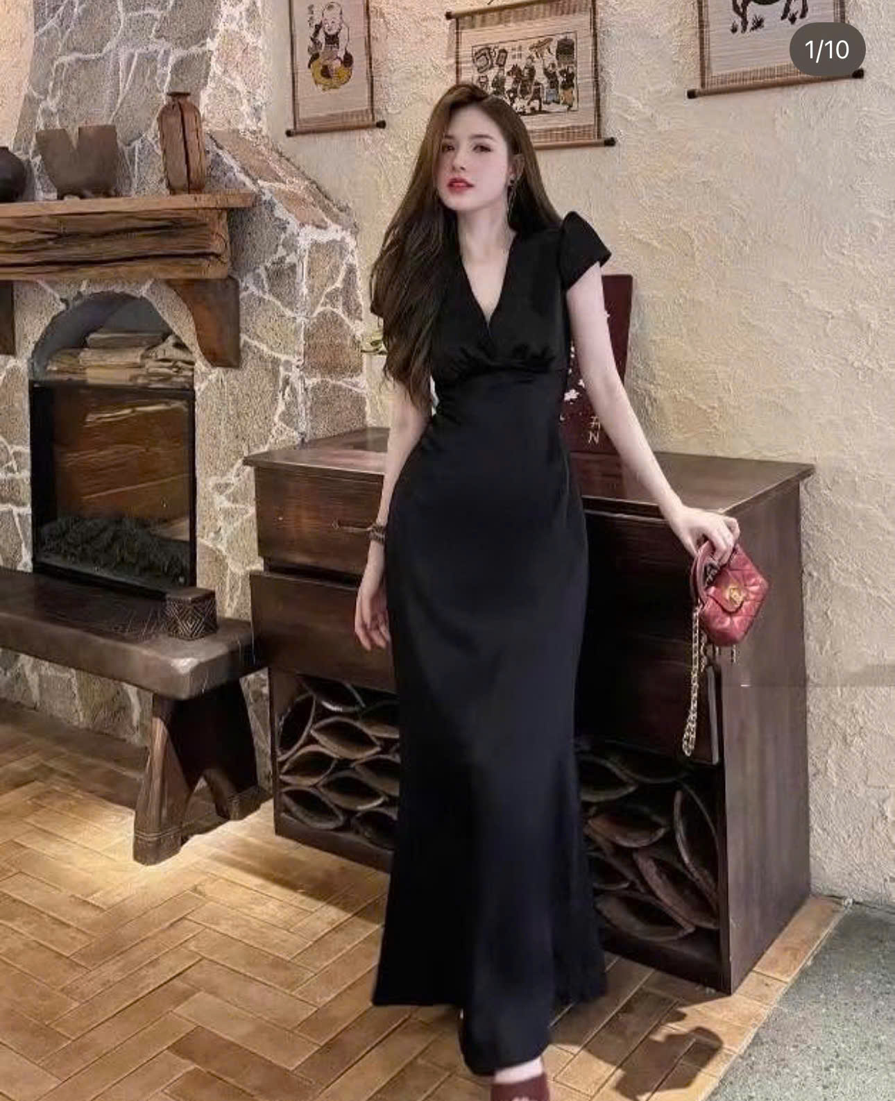 Đầm Dự Tiệc Lụa Cổ V Nhún Eo Tay Phồng Dáng Dài