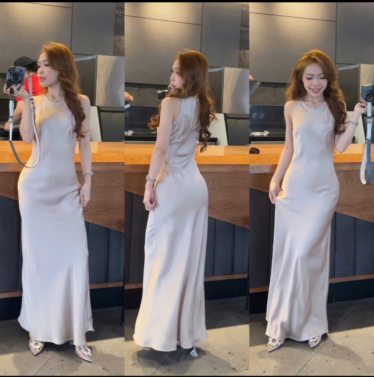 Ảnh Đầm Dự Tiệc Lụa Cổ Yếm Ôm Eo Dáng Dài