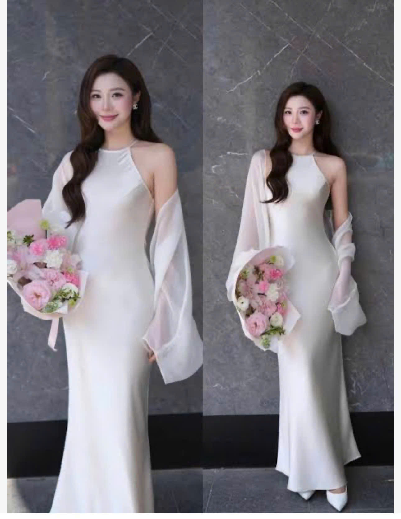 Ảnh Đầm Dự Tiệc Cổ Yếm Lệch Vai Phối Khăn Voan Dáng Dài