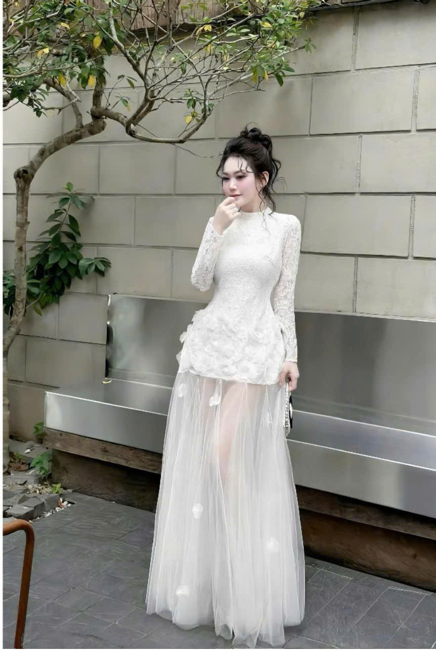 Đầm Dự Tiệc Cổ Cao Ren Hoa Phối Voan Dài