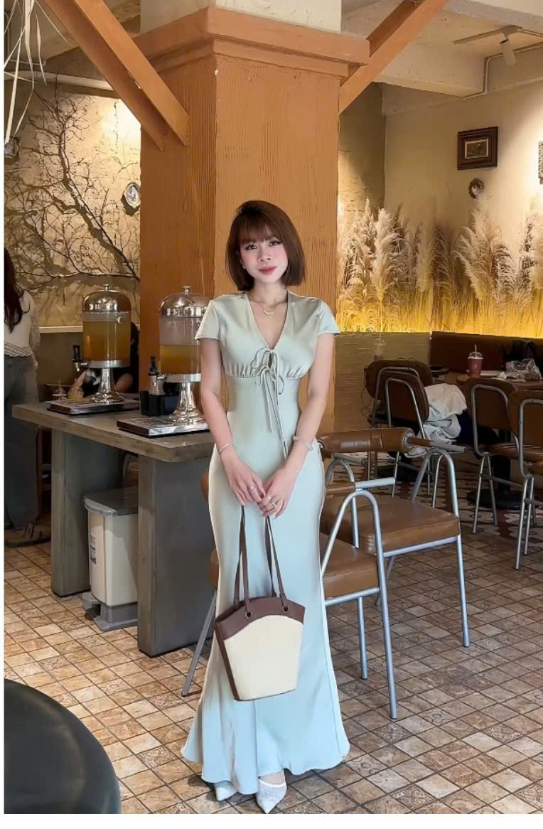 Ảnh Đầm Dự Tiệc Cổ V Rút Dây Tay Ngắn Dáng Dài