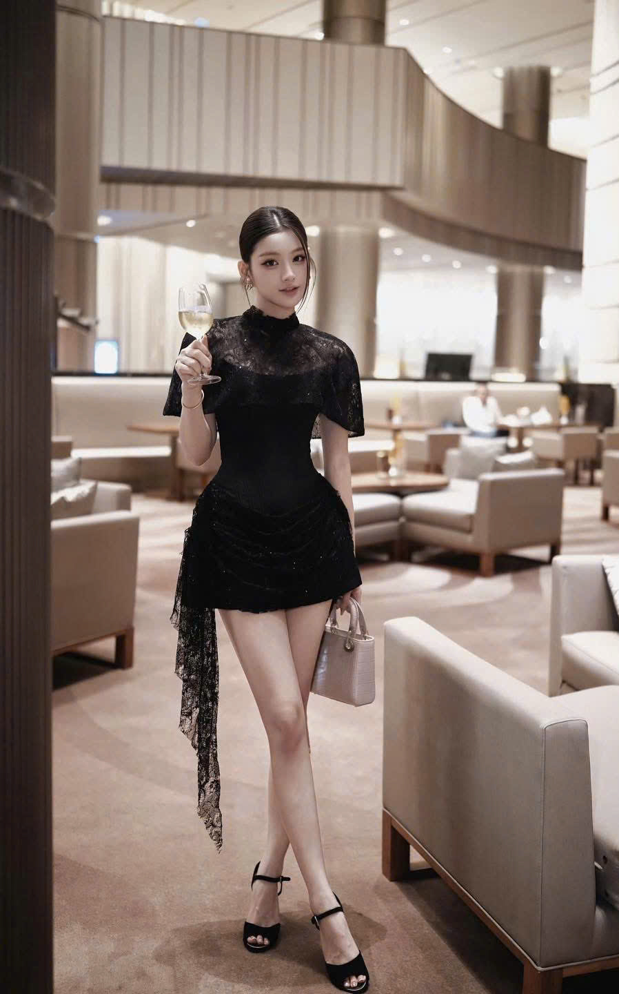 Ảnh Đầm Dự Tiệc Đen Cổ Cao Phối Ren Tay Ngắn Thân Corset Chân Váy Ngắn Đính Tà Ren Dài