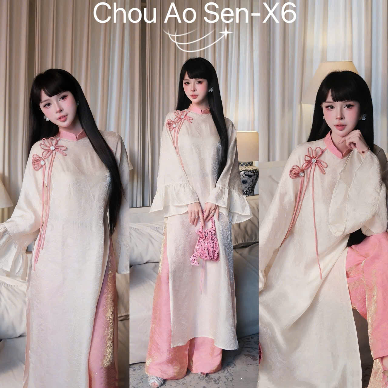 Áo Dài Châu Áo Sen Đính Hoa