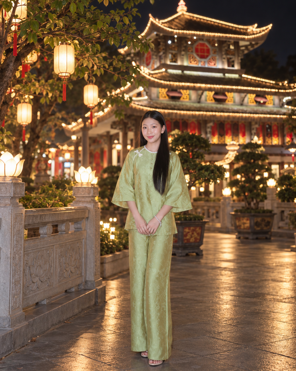Ảnh Set Gấm Xanh Cốm Ánh Kim Đính Hoa