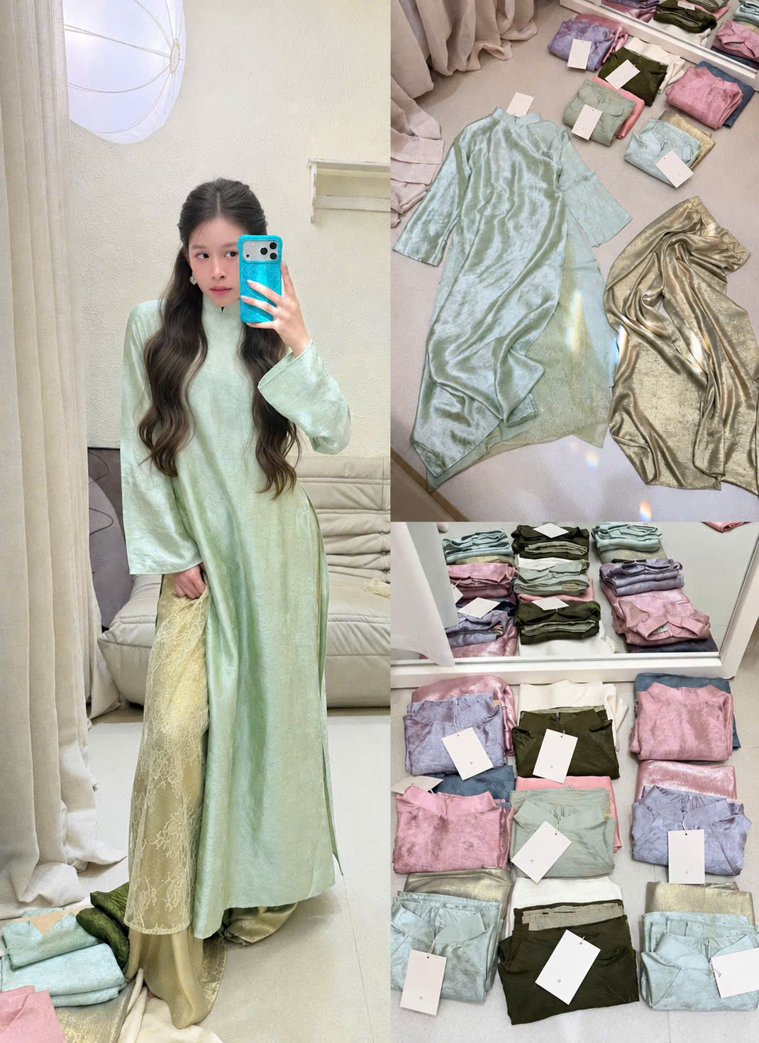 Áo Dài Cổ Tàu Ánh Kim Phối Ren