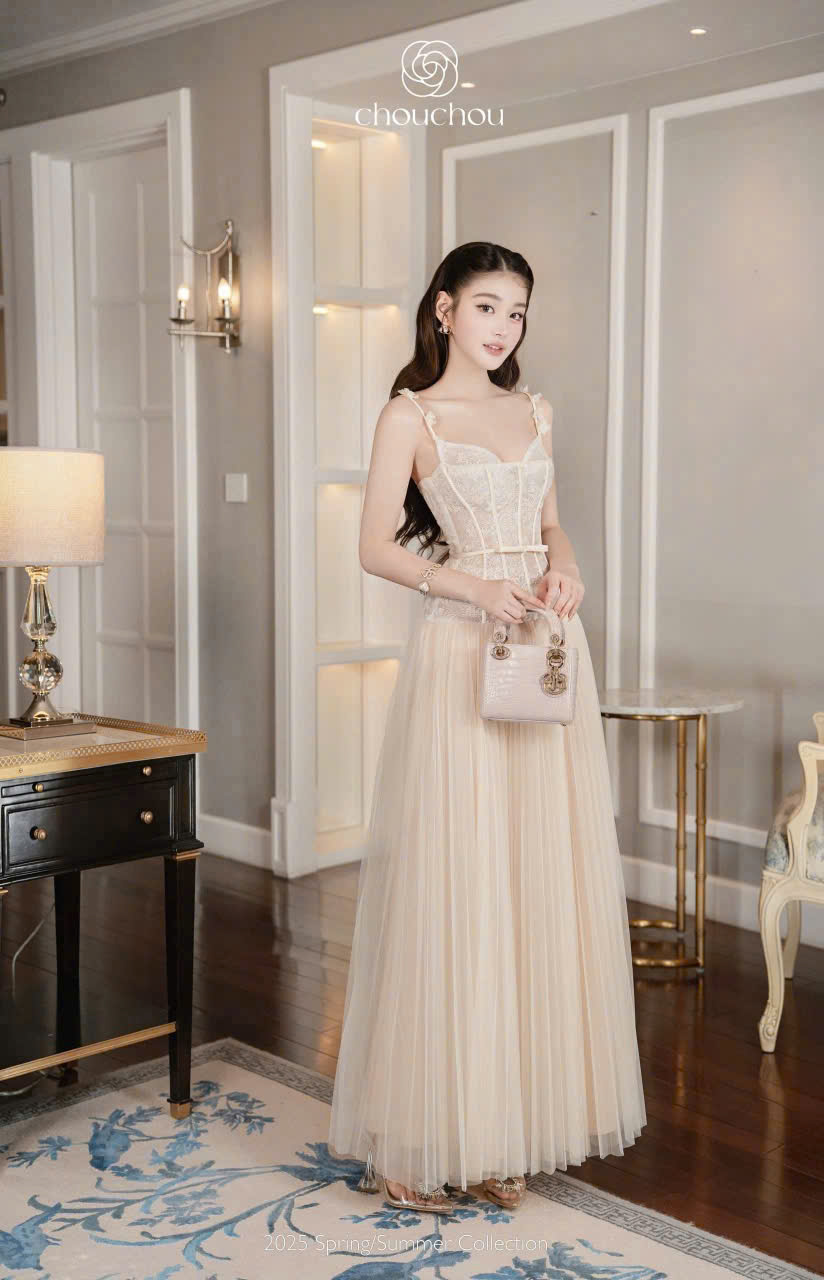 Ảnh Đầm Thiết Kế Corset Ren Hai Dây Voan Xếp Ly