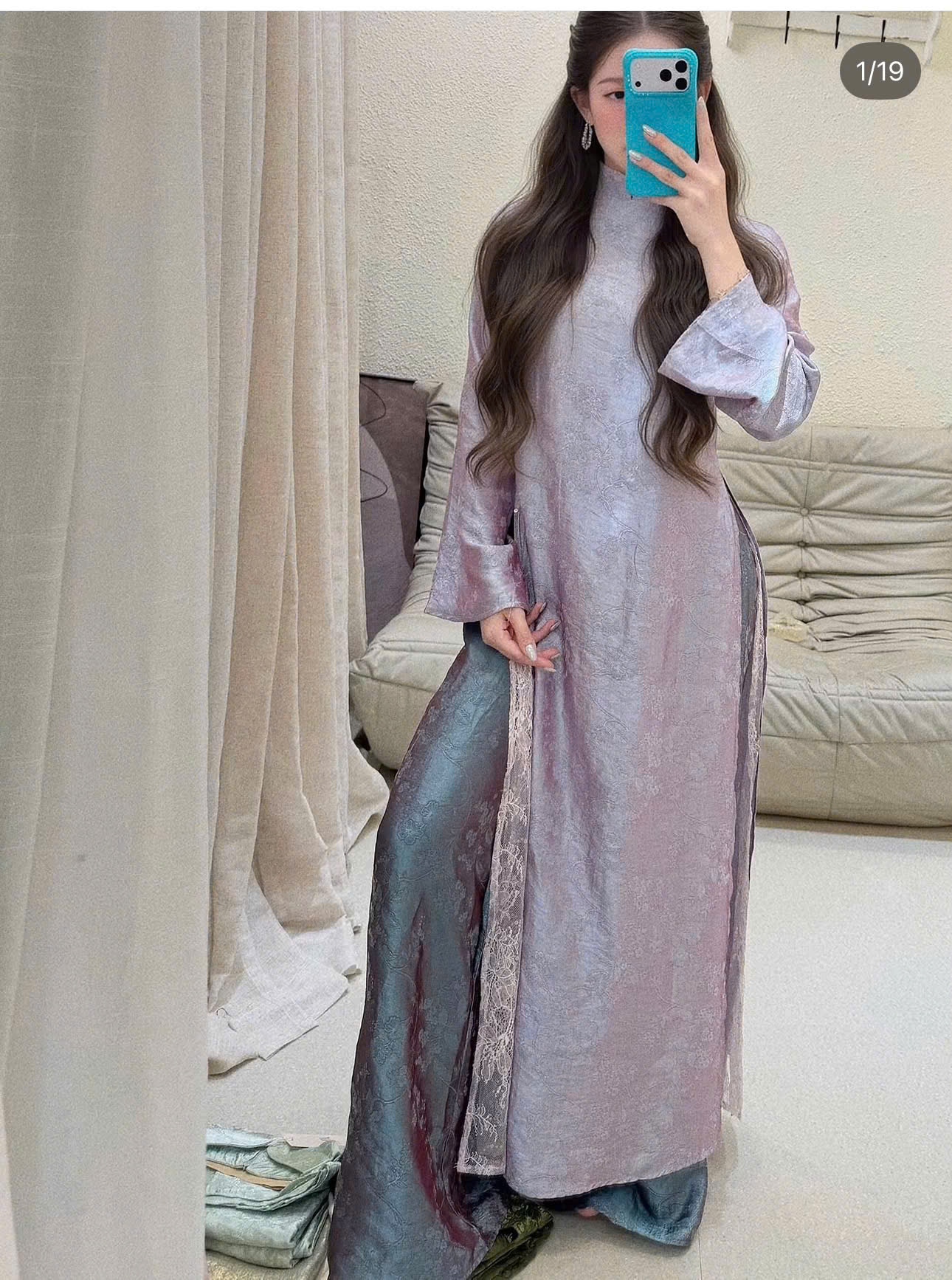 Áo Dài Gấm Cổ Tàu Ánh Kim Phối Ren