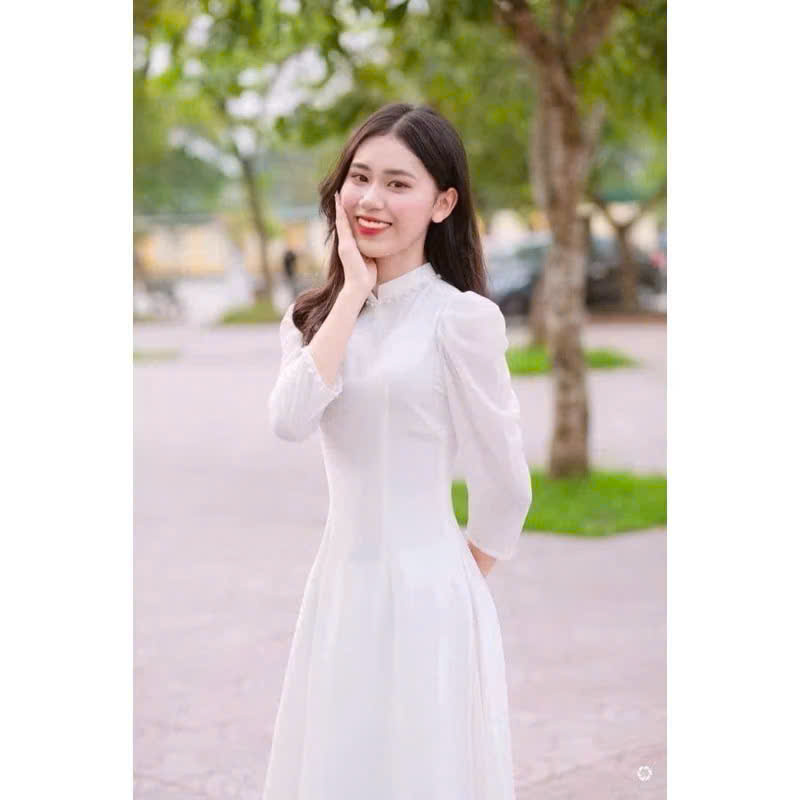 Áo Dài Trắng 4 Tà Cổ Đứng Tay Phồng Thanh Lịch